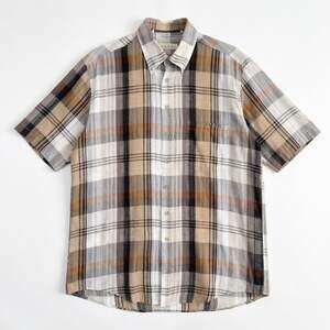 Haupt Germany Linen Blend Lawn Shirt Gray Brown Plaid Short Sleeve Mens Large